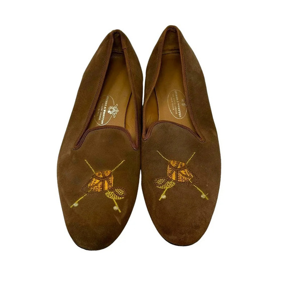 Stubbs & Wootton Tobacco Suede Creel Bag w/ Emb X'd Fly Rods Slippers Size 9.5 - Picture 1 of 6